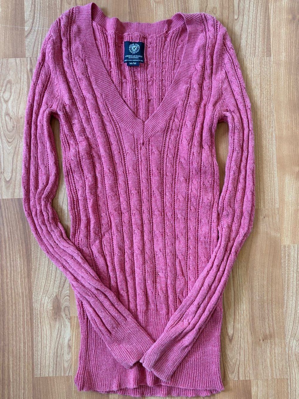 American Eagle Outfitters Pink Cable Knit V-Neck Sweater Medium